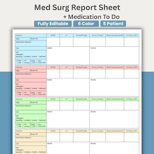 May include: A medical report sheet titled "Med Surg Report Sheet + Medication To Do." The document is fully editable and designed for 5 patients, with 6 color options. It includes sections for patient information, vital signs, and medication details.