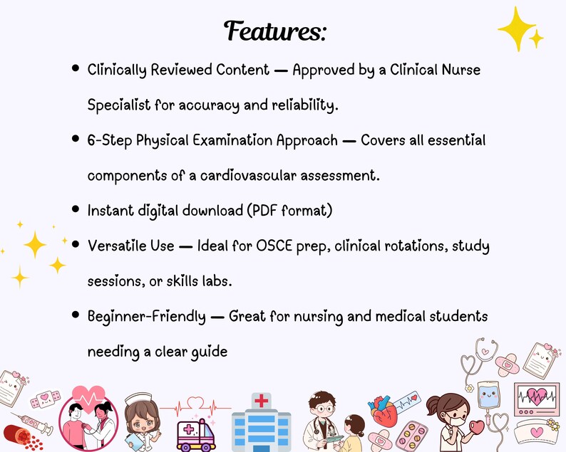 May include: A digital download graphic with the word "Features" at the top. The bullet points describe the content as clinically reviewed, a 6-step physical examination approach, and an instant digital download in PDF format. The graphic is beginner-friendly.