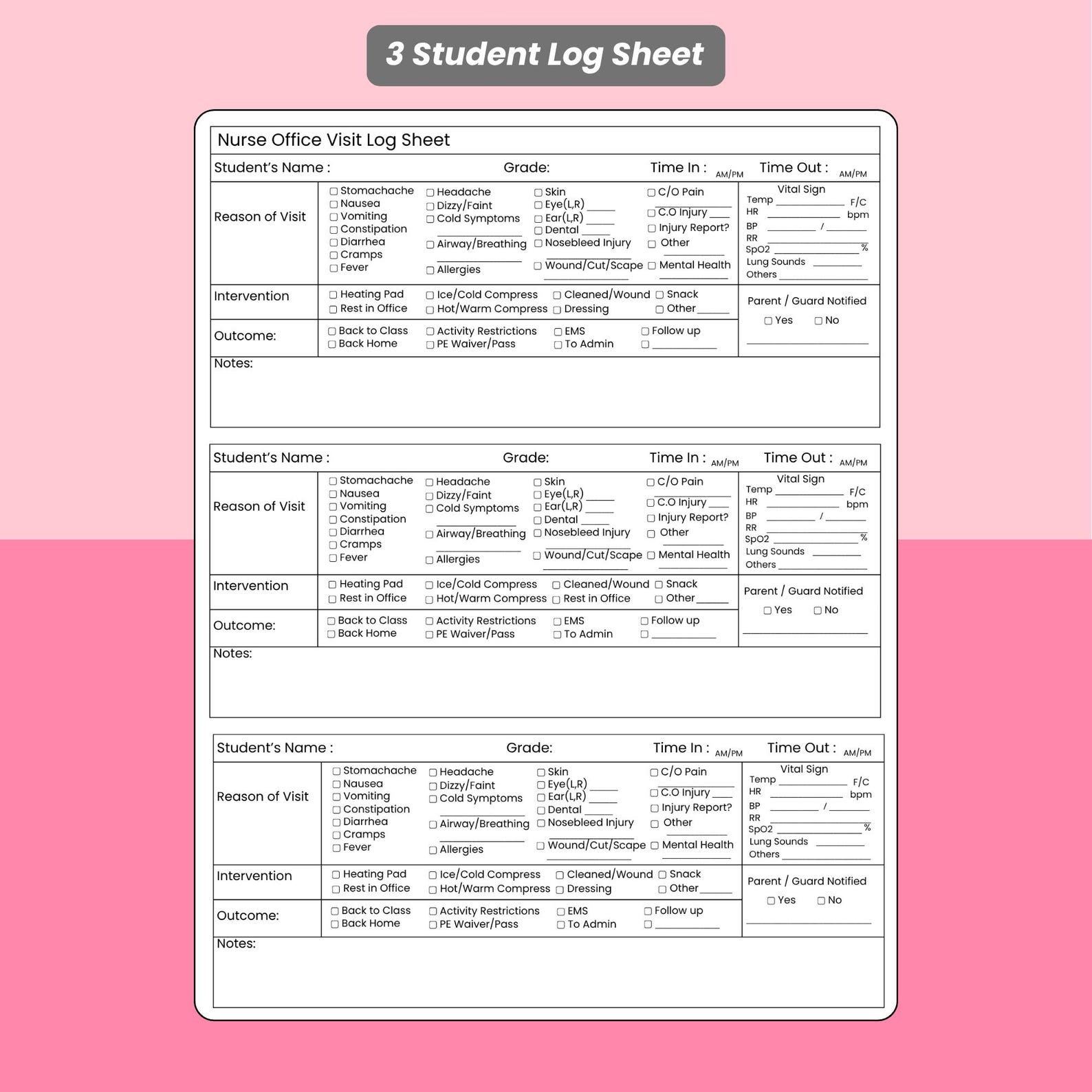 School Nurse Visit Log Sheet | Printable & Editable Health Office ...