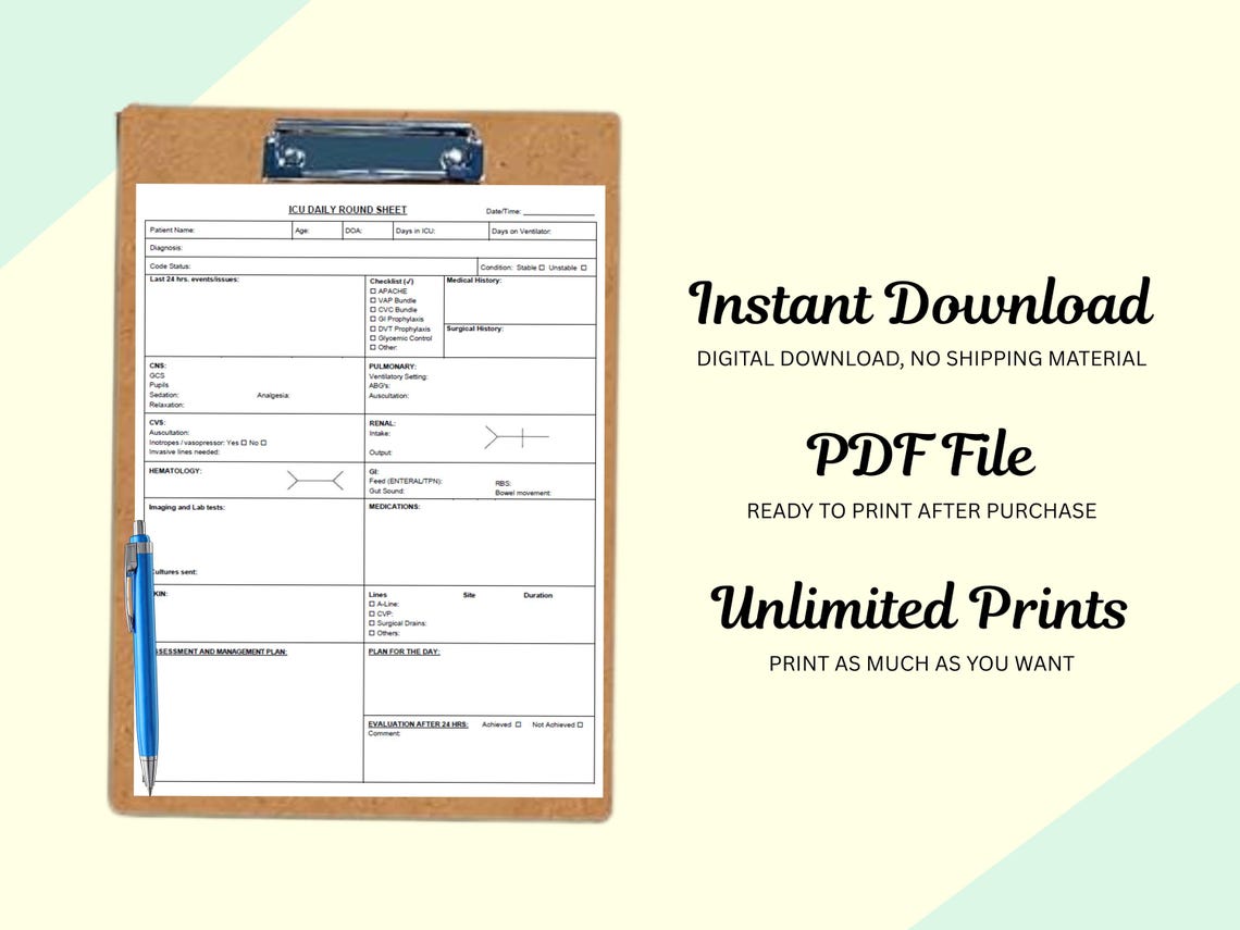 ICU Report Sheet | Printable PDF | Patient Rounding Template - Etsy Canada
