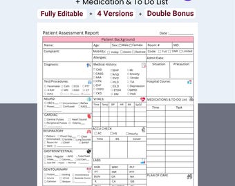 Nurse Brain Sheet: Comprehensive Patient Assessment & Meds (Printable PDF, Editable Canva)