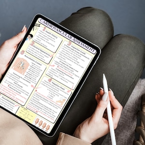 May include: A digital tablet displaying a colorful educational chart titled "Cardiovascular Assessment." The chart includes sections on health history, general appearance, auscultation, inspection, palpation, and documentation. A white stylus rests near the tablet.