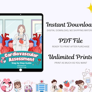 May include: Digital download graphic featuring a tablet displaying a medical illustration of a doctor holding a heart, with two anatomical hearts on either side. Text reads "Cardiovascular Assessment" and "Instant Download."