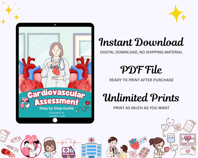 May include: Digital download graphic featuring a tablet displaying a medical illustration of a doctor holding a heart, with two anatomical hearts on either side. Text reads "Cardiovascular Assessment" and "Instant Download."