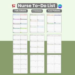 Può includere: Una raccolta di liste di cose da fare per infermieri, stampabili e modificabili. Le liste sono disponibili in tre versioni, progettate per 4, 6 o 8 pazienti. Il titolo "Nurse To-Do List" è visualizzato in alto.