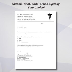 Puede incluir: Un membrete m&eacute;dico blanco con el texto "Editable, Print, Write, or Use Digitally Your Choice!". Incluye el nombre de un m&eacute;dico, detalles del centro m&eacute;dico y un s&iacute;mbolo m&eacute;dico. Dise&ntilde;ado para certificaciones m&eacute;dicas.