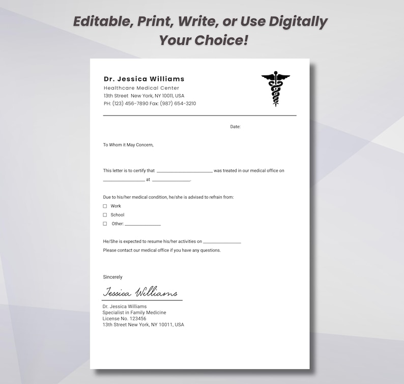 Puede incluir: Un membrete m&eacute;dico blanco con el texto "Editable, Print, Write, or Use Digitally Your Choice!". Incluye el nombre de un m&eacute;dico, detalles del centro m&eacute;dico y un s&iacute;mbolo m&eacute;dico. Dise&ntilde;ado para certificaciones m&eacute;dicas.