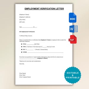 Employment Verification Letter Template. Employment Verification Letter form. Job Verification Letter. Google Docs/MS Word. Instant download
