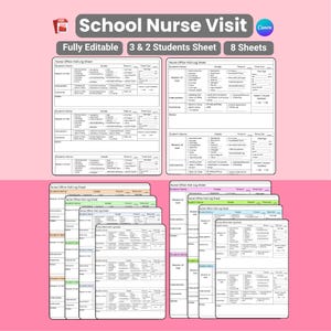 May include: A pink and white graphic featuring "School Nurse Visit" and "Fully Editable" text. The image displays multiple "Nurse Office Visit Log Sheet" templates, designed for 3 & 2 students, with 8 sheets total.