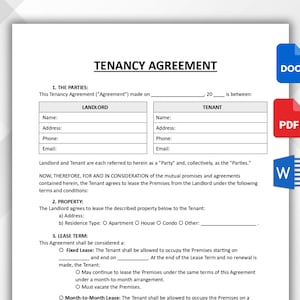 May include: A white Tenancy Agreement document with the title in bold black letters. The document includes sections for Landlord and Tenant information, property details, and lease terms. Icons for DOC, PDF, and W files are in the upper right.