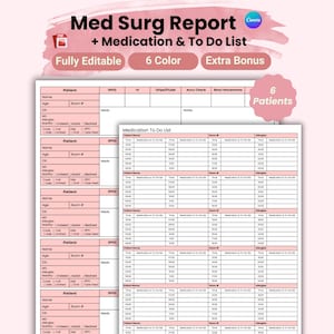 Editable Nurse Report Sheet, 6-Patient Med Surg (Canva & PDF)
