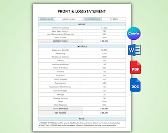 Estado de resultados editable / Registro de finanzas empresariales (PDF, Word, Canva)