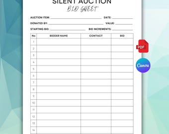 Bearbeitbares Angebotsblatt für stille Auktionen, Fundraiser-Gebotsformular (PDF, Canva)