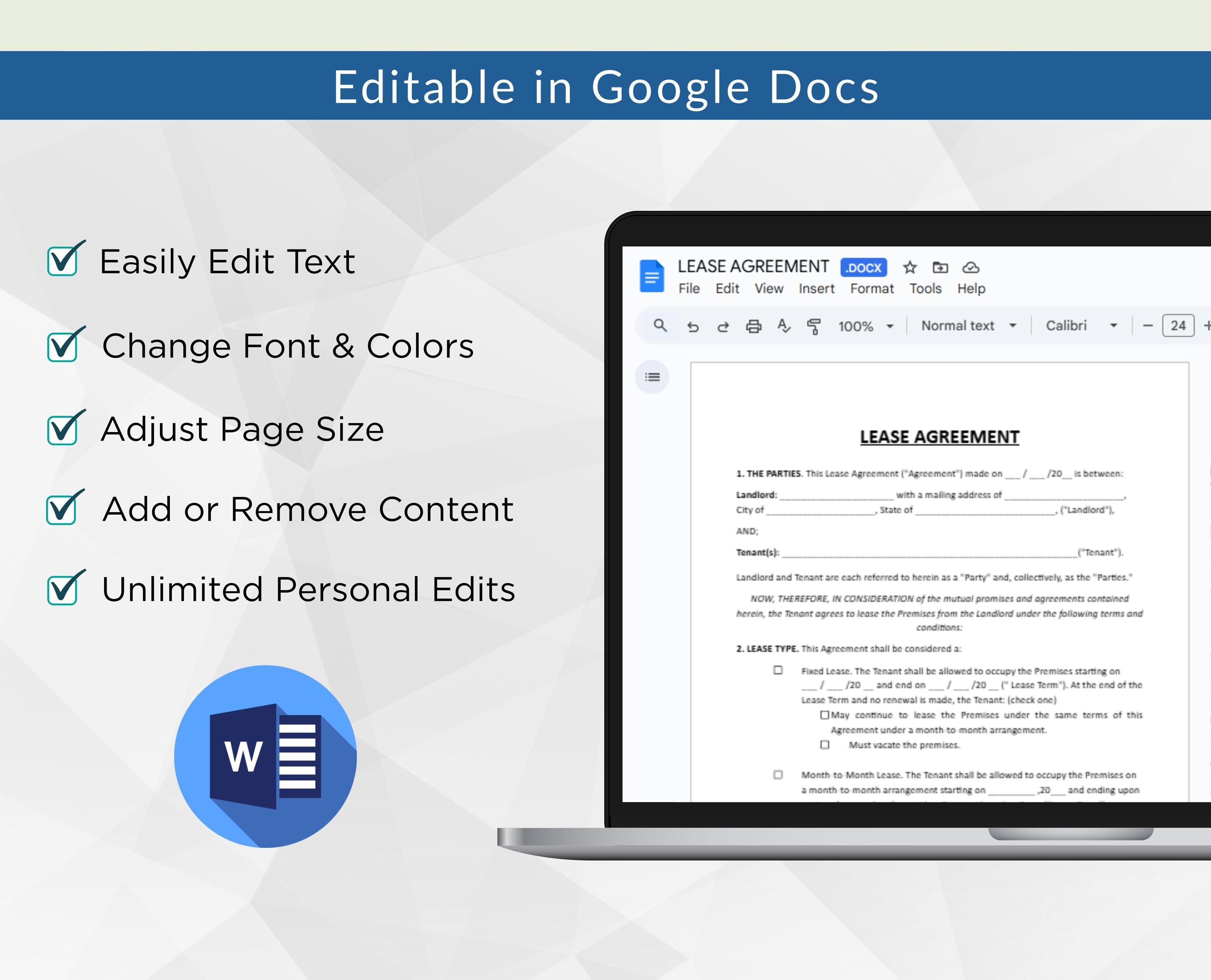 Editable Rental Agreement Template (word, PDF, Google Docs) - Etsy