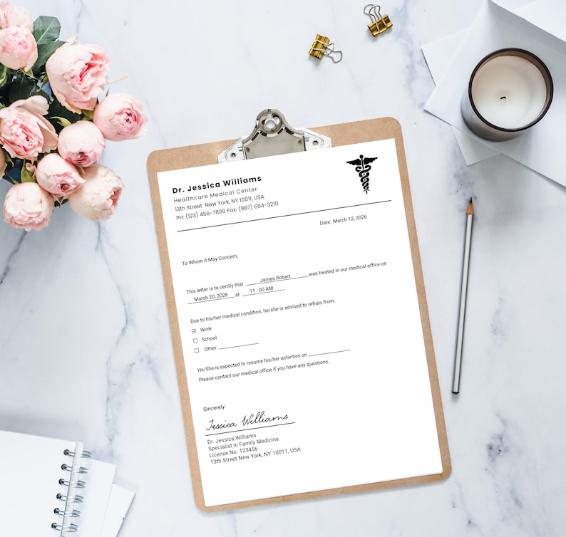 Puede incluir: Un portapapeles con un documento m&eacute;dico, con el nombre "Dr. Jessica Williams" y un s&iacute;mbolo m&eacute;dico. El documento incluye l&iacute;neas para la informaci&oacute;n del paciente y una fecha. Un l&aacute;piz, una vela y flores tambi&eacute;n est&aacute;n presentes.