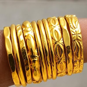 14K Gold Stacking Rings Set, Hammered Boho Bands, Minimalist Layering Midi Pack