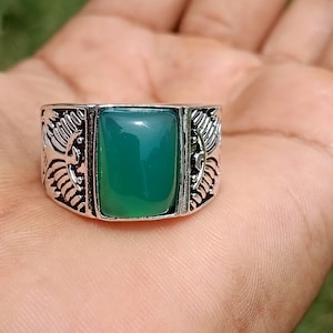 Handmade Sterling Silver Green Onyx Signet Ring, Rectangular Gemstone Statement Piece