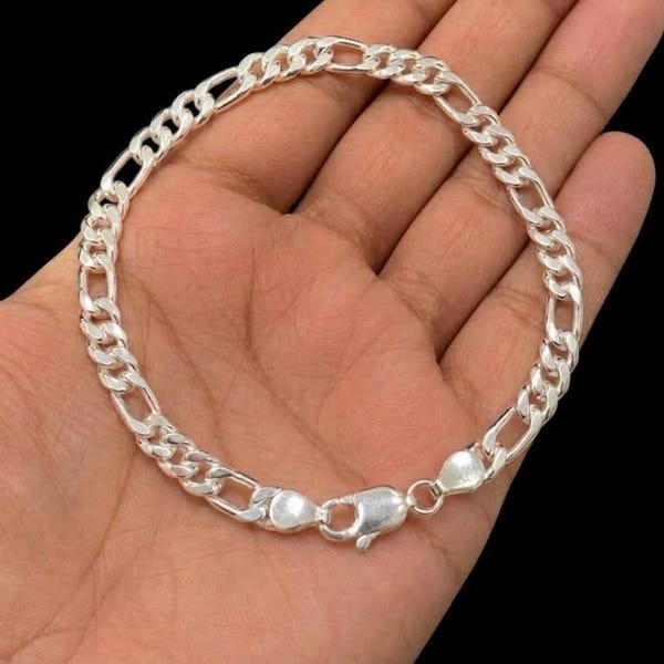 925  Sterling Silver Figaro Chain Bracelet, Handmade Minimalist Unisex Jewelry