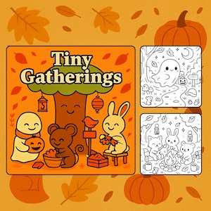 Può includere: Illustrazione dai toni arancioni con la scritta "Tiny Gatherings" sopra un albero con personaggi sorridenti. L'immagine include un fantasma che tiene in mano una zucca, un topo, un uccello e un coniglio. Pannelli aggiuntivi mostrano un fantasma e animali.