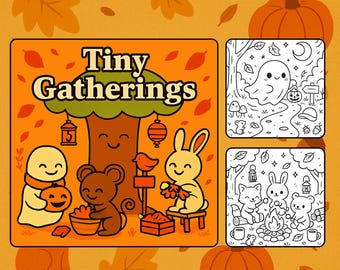 May include: An orange-toned illustration with the text "Tiny Gatherings" above a tree with smiling characters. The image includes a ghost holding a pumpkin, a mouse, a bird, and a rabbit. Additional panels show a ghost and animals.