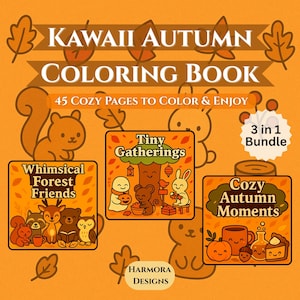 Può includere: Un libro da colorare Kawaii Autumn con 45 pagine accoglienti da colorare e godere. La copertina presenta uno scoiattolo e tre immagini più piccole: "Whimsical Forest Friends", "Tiny Gatherings" e "Cozy Autumn Moments". Il pacchetto è etichettato "3 in 1".