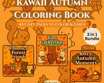 May include: A Kawaii Autumn Coloring Book with 45 cosy pages to colour and enjoy. The cover features a squirrel and three smaller images: "Whimsical Forest Friends", "Tiny Gatherings", and "Cozy Autumn Moments". The bundle is labelled "3 in 1".