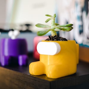 May include: A bright yellow, character-shaped planter featuring a smooth, rounded body and a prominent white oval visor. A small green succulent plant is potted inside the top opening. A purple version of the same planter is visible behind it.
