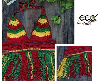 Handmade Crochet "Rasta" Halter Fringe Top. S-L