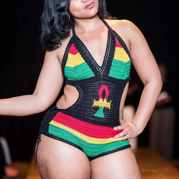 2018 Red-Black-Yellow-Green Rasta 1pc Crochet ANKH Bathing Suit--Orders Only--