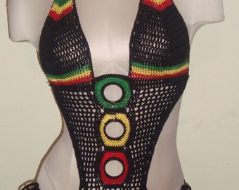 Bob Marley Colors-3-Ring Crochet 1pc Handmade Bathing Suit II---ORDERS ONLY---