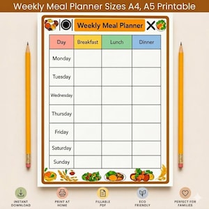 Puede incluir: Un planificador de comidas semanal imprimible con un fondo blanco, con una cuadrícula para cada día de la semana. El planificador incluye secciones para el desayuno, el almuerzo y la cena. El texto "Weekly Meal Planner" está en la parte superior.
