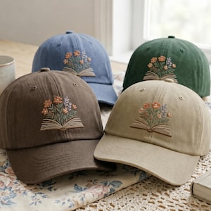 Embroidered Floral Book Hat, Botanical Reading Cap, Cottagecore Washed Cotton