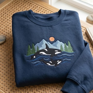 Bluza z haftem „Dwie orki”, sweter dla miłośników orek morskich, bluza z kapturem z motywem dzikiej przyrody Pacyfiku Północno-Zachodniego