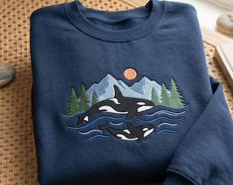 Embroidered Two Orcas Sweatshirt, Killer Whale Marine Lover Jumper, Pacific Northwest Mountain Wildlife Hoodie