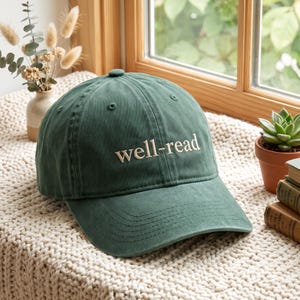 刺繍入りウォッシュドコットンキャップ、文学好きへのギフト、ヴィンテージハット