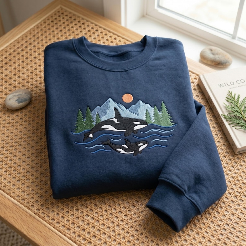 May include: A navy blue crewneck sweatshirt featuring an embroidered design of two orcas swimming in blue water. The scene includes green pine trees, light blue mountain peaks, and a small orange sun centered above the whales on the chest area.