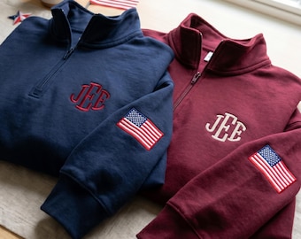 Embroidered J.E.E. Monogram Quarter Zip Sweatshirt, Unisex American Flag Fleece Pullover