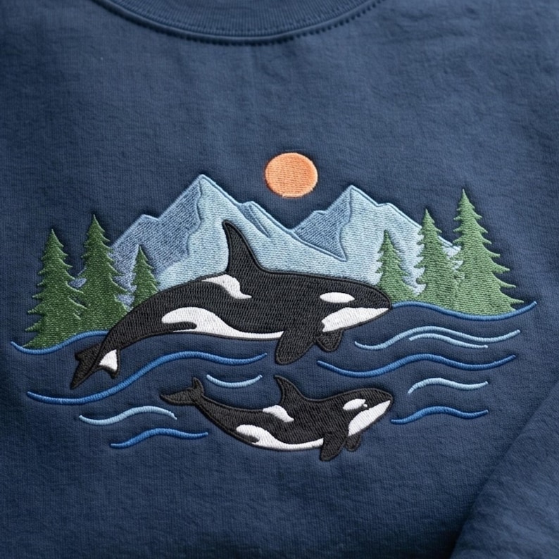 May include: A navy blue sweatshirt featuring an embroidered design of two black and white orcas swimming in blue water. The scene includes light blue mountain peaks, green pine trees, and a small orange sun in the background above the whales.