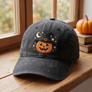 Chapeau citrouille de sorcière brodé, casquette de baseball en coton lavé, automne effrayant