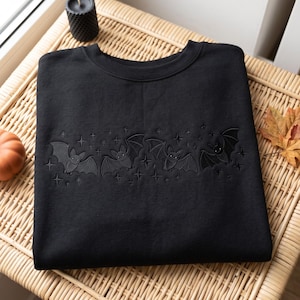 Embroidered Bat Halloween Sweatshirt, Spooky Season Crewneck, Cozy Fall Pullover