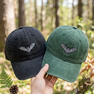 Embroidered Bat hat, unstructured baseball cap, fits most adults, adjustable leather strap