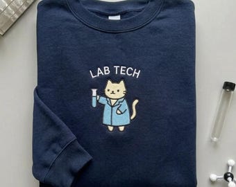 Embroidered Lab Tech Cat Sweatshirt, Medical Scientist Hoodie, Science Geek Crewneck
