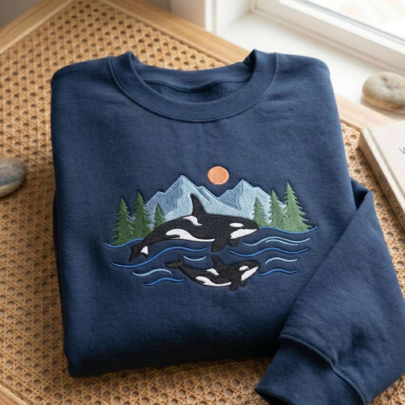 Embroidered Two Orcas Sweatshirt, Killer Whale Marine Lover Jumper, Pacific Northwest Mountain Wildlife Hoodie image 1