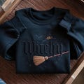 Embroidered Witchy Halloween Sweatshirt, Bat and Broomstick Witch Costume