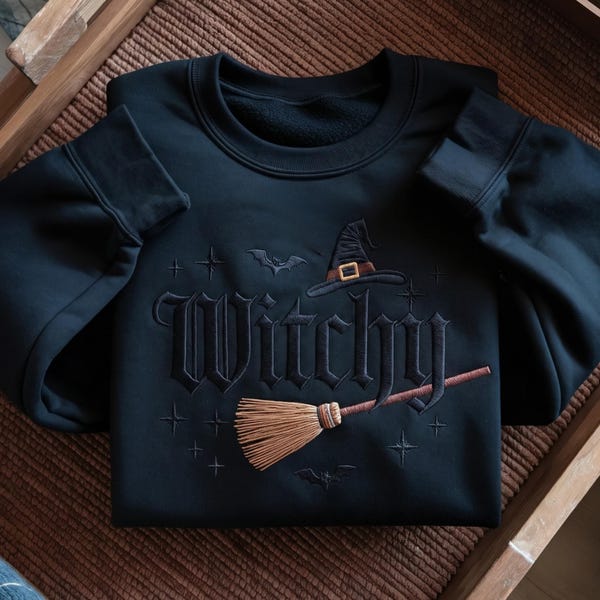 Embroidered Witchy Halloween Sweatshirt, Bat and Broomstick Witch Costume