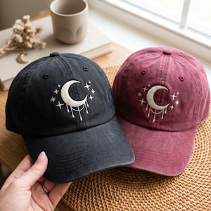 Embroidered Crescent Moon Hat, Adjustable Strap Back, Unisex Cotton Baseball Cap