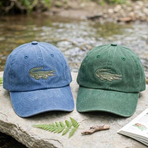 May include: Two baseball caps, one in blue and one in green, each featuring an embroidered green crocodile graphic on the front panel. Both caps have a structured crown, a curved brim, and stitched eyelets for ventilation on the top panels.
