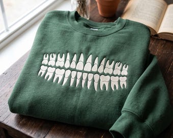 Puede incluir: Una sudadera de cuello redondo en color verde bosque con un gran gráfico bordado en color blanco hueso centrado, que muestra una dentadura humana completa con molares, premolares, caninos e incisivos dispuestos en filas superiores e inferiores.