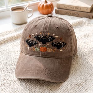 Embroidered Bats Pumpkin Washed Hat: Retro Spooky Halloween Autumn Cap