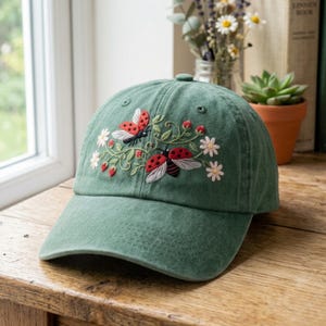 Embroidered Ladybug Baseball Cap, Cottagecore Garden Accessory, Nature Lover Gift